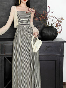 1950S Hepburn Style Black and White Stripe Swing Dress For Women