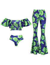 Load image into Gallery viewer, Green Leaf Print Off Shoulder One Piece With Bathing Pant Suit