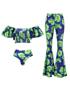 Green Leaf Print Off Shoulder One Piece With Bathing Pant Suit