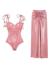 Load image into Gallery viewer, Pink Luminous Fabric One-piece Swimsuit With Bathing Suit Warp Skirt