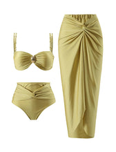 Load image into Gallery viewer, Yellow Strap Two Pieces With Bathing Suit Ruffles Wrap Skirt