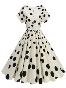 1950s White Polka Dots Short Sleeve Vintage Swing Dress Inspired by Cruella