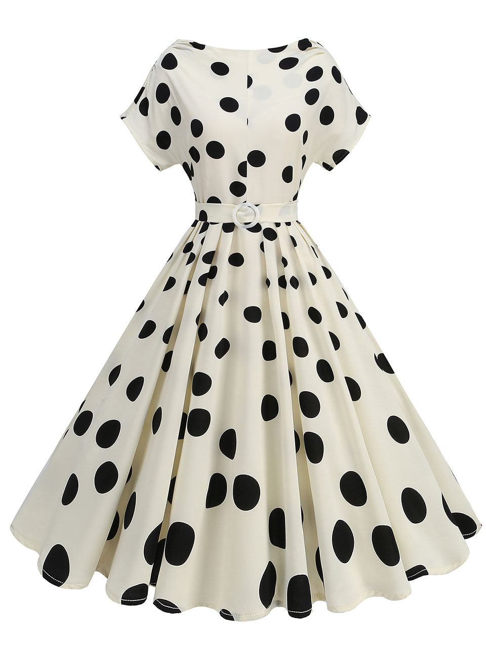 1950s White Polka Dots Short Sleeve Vintage Swing Dress Inspired by Cruella