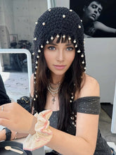 Load image into Gallery viewer, Retro Black Crocheted Hollow Knitted Pearl Tassel Pullover Hat