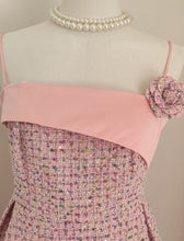 Load image into Gallery viewer, Pink Camellia Flower Spaghetti Strap Tweed Party Dress
