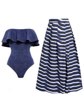 Load image into Gallery viewer, Denim Off Shoulder Ruffles One Piece With Stripe Bathing Suit Swing Skirt