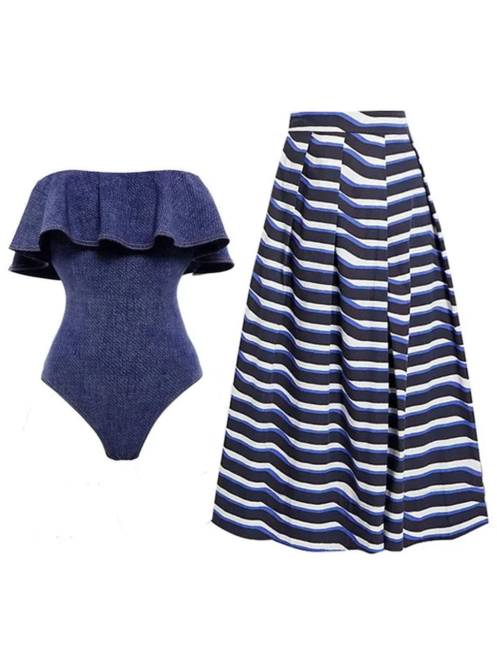 Denim Off Shoulder Ruffles One Piece With Stripe Bathing Suit Swing Skirt