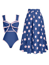 Load image into Gallery viewer, Bow Retro Style One Piece With Polka Dots Bathing Suit Swing Skirt