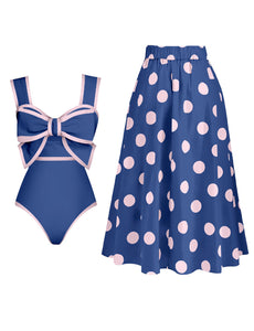 Bow Retro Style One Piece With Polka Dots Bathing Suit Swing Skirt