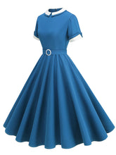 Load image into Gallery viewer, 1950s Blue Peter Pan Collar Cap Sleeve Vintage Swing Dress