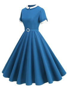 1950s Blue Peter Pan Collar Cap Sleeve Vintage Swing Dress