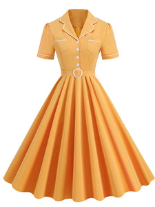 Blue 1950s Vintage Shirt Dress for Women Short Sleeve Audrey Hepburn Style Cocktail Swing Dress