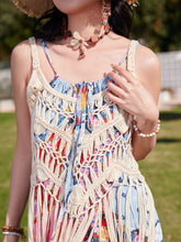 Load image into Gallery viewer, Bohemian Retro Print Strap Boho Maxi Dress with Hollow Crochet Fringe Vest