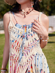 Bohemian Retro Print Strap Boho Maxi Dress with Hollow Crochet Fringe Vest