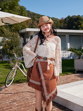 Load image into Gallery viewer, White Hollow Crochet Tassel Top with Brown Suede Irregular Tassel Skirt Boho Outfit