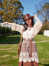 Load image into Gallery viewer, Hollow Crochet Tassel Top with Waistband Brown Corduroy Skirt Bohemian Suit