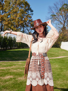 Hollow Crochet Tassel Top with Waistband Brown Corduroy Skirt Bohemian Suit