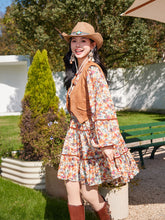 Load image into Gallery viewer, Bohemian Orange Printed Long-sleeved Mini Dress with Suede Embroidered Vest Boho Suit