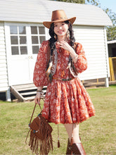 Load image into Gallery viewer, Bohemian Orange Printed Long-sleeved Mini Dress with Suede Embroidered Vest Boho Suit