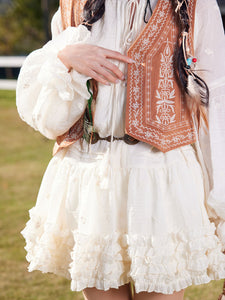 Bohemian White Long-sleeved Mini Dress with Suede Embroidered Vest Boho Suit