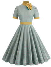 Load image into Gallery viewer, 1950s Bow Collar Plaid Vintage Swing Dress