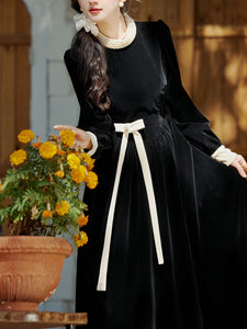 Black Pearl Collar Velvet Vintage Dress With Bow-knot