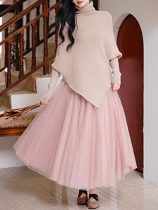 2 Piece Retro Irregular Bat Sleeve Cape Sweater and Pink Mesh Skirt Set