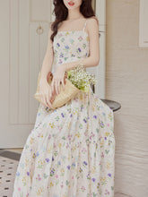 Load image into Gallery viewer, 2PS White Floral Print Spaghetti Strap Dress With Blue Shawl Dress Suit