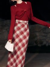 Load image into Gallery viewer, 2PS Red Bow Knitted Sweater Top With Plaid Skirt Vintage 1950s Suits