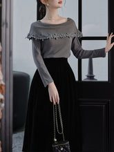 Load image into Gallery viewer, 1950S Vintage Gray Lapel Flower Knit Sweater and Velvet Pleated Skirt Audrey Hepburn&#39;s outfit