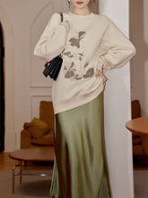 Load image into Gallery viewer, 2 Piece White Crew Neck Embroidered Sweatshirt and Green Satin Fishtail Skirt Set