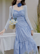 Load image into Gallery viewer, 3PS Blue Plaid Spaghetti Strap Dress With Blue Shawl Dress Suit