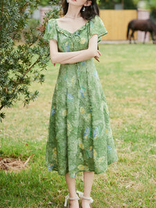 Green Square Neck Short Sleeve Butterfly Print Vintage Dress