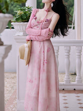 Load image into Gallery viewer, 2PS Pink Rose Handmade Flower Suspender Print Vintage Dress and Cardigan Suit