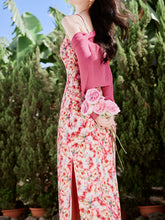 Load image into Gallery viewer, 2PS Pink Floral Print Spaghetti Strap Dress With Rose Shawl Dress Suit