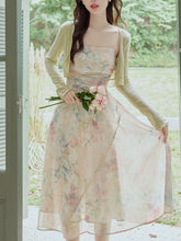 Load image into Gallery viewer, 2PS Light Pink Floral Print Spaghetti Strap Dress With Green Shawl Dress Suit