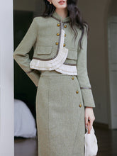 Load image into Gallery viewer, 2PS Green Ruffles Top And Slit Gold Distressed Buttons Skirt 1950s Suit