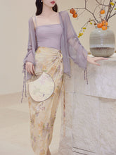 Load image into Gallery viewer, 3PS Purple Floral Tube Top and Slit Skirt 1950s Cardigan Suit