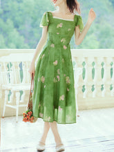 Load image into Gallery viewer, Green Square Neck Short Sleeve Floral Vintage Dress