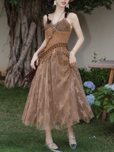 Load image into Gallery viewer, 2PS Brown Lace Strap Dress With Bohemia Cardigan Suit