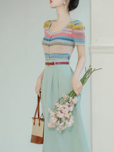 Load image into Gallery viewer, 2PS Green Round Collar Stripe Knitted Shirt And Swing Skirt Dress Set