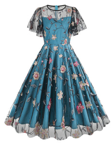 Lake Blue Semi Mesh Rose Embroidered Short Sleeve 50S Swing Dress