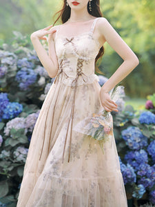 2PS Apricot Floral Print Ruffles Spaghetti Strap Princess Dress With Cardigan Suit