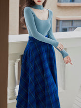 Load image into Gallery viewer, 2 Piece Lake Blue Hollow Out Mock Neck Sweater and Blue Plaid Swing Skirt Set