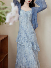 Load image into Gallery viewer, 2PS Blue Floral Print Spaghetti Strap Dress With Blue Shawl Dress Suit