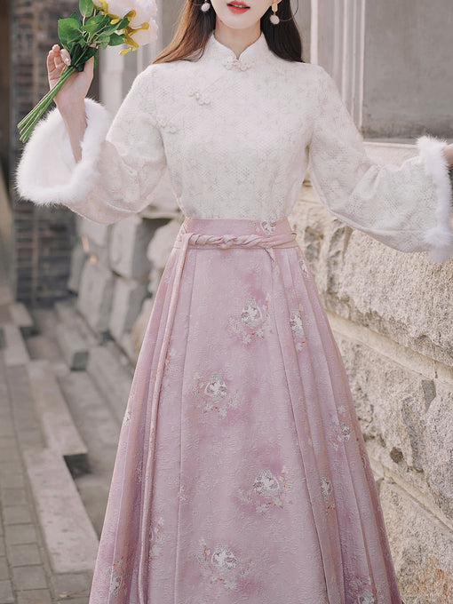 2PS Pink Stand Collar Bell Sleeve Embroidered Top and Horse-face Skirt Vintage Suits