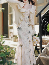 Load image into Gallery viewer, 2PS Apricot Floral Print Spaghetti Strap Velvet Dress With White Knit Cardigan Dress Suit