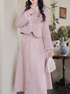 2PS Pink Long Sleeve Warm Coat With Pink Split Skirt Vintage Suit