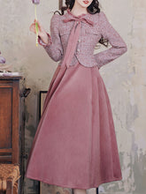 Load image into Gallery viewer, Pink and Purple Bow Fake Two-piece Velvet Long Sleeve Vintage 1950S Swing Dress