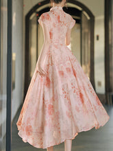 Load image into Gallery viewer, Pink Stand Collar Rose Flower Print Cat&#39;s Eye Button Cap Sleeve Cheongsam Dress